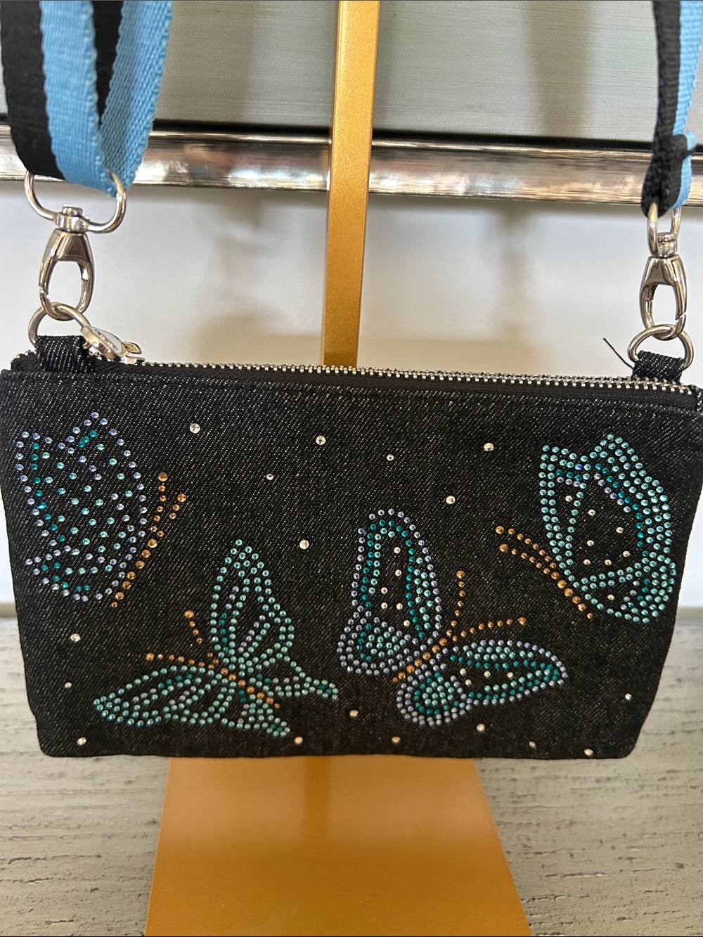 Brighton Black Denim Crossbody with Teal Butterfly Accents NWOT - Picture 2 of 10